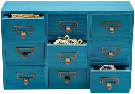 Apothecary Cabinet with 9 Drawers Card Catalog Cabinet, Library Card Catalog Drawer with Metal Handles & Label Slot Wooden Desk Drawer Organizer for Herb Storage, Tea Collection (Blue)