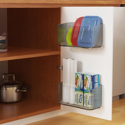 MaraFansie 2 Pack Plastic Lid Organizers - Inside Cabinet for Kitchen, No Drilling Wall Mount Container Holders for Tupperware, Food Storage, Clear Gray