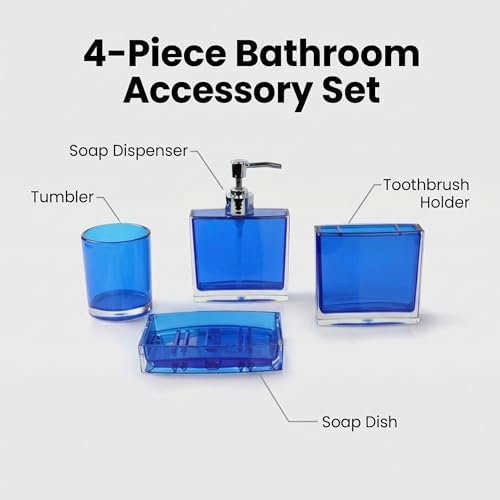 Bathroom Accessories Set, Acrylic Bathroom Accessory Set with Soap Dispenser,Soap Dish, Toothbrush Holder, Tumbler, Modern Bathroom Accessories Decor,Gift for Home (Blue-4)