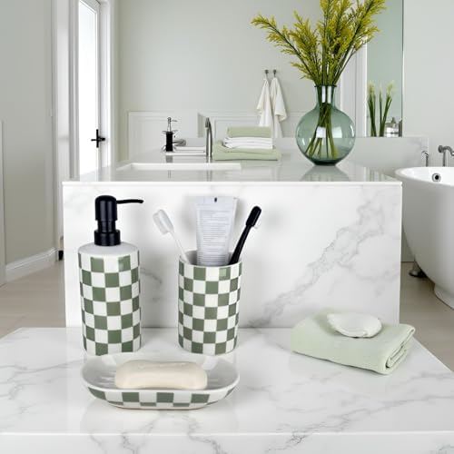 Bathroom Toothbrush Holder Set, Ceramic Soap Dispenser and Tooth Brush Holder and Soap Dish Set, Bathroom Accessories Sets Countertop, Sage Green Checkered Bathroom Decor Set