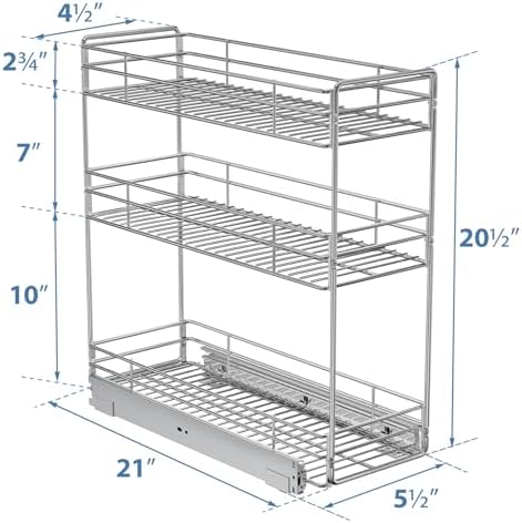 ROOMTEC 3-Tier Pull Out Cabinet Organizer for Narrow Cabinet (5.5" W X 20.5" D), Kitchen Cabinet Organizer and Storage Cabinet Pull Out Shelves Under Cabinet Storage for Kitchen, Chrome