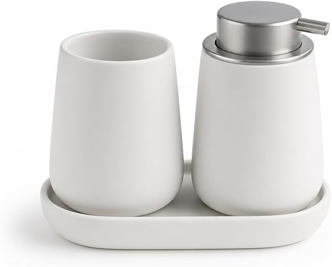 Ceramic Bathroom Accessories Set, 3 Pieces with Soap Dispenser, Toothbrush Holder, and Cup, Matte Black, Polished Finish (White)