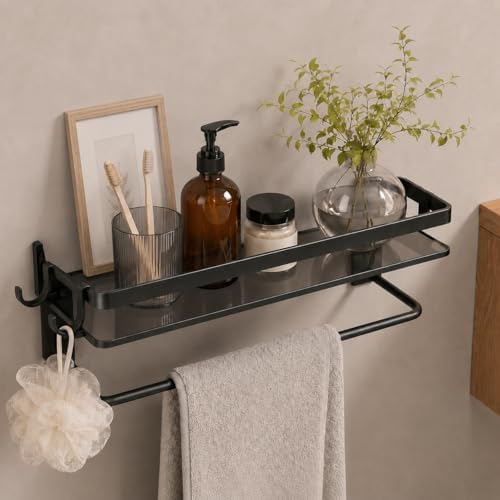 VOLPONE Glass Shelf for Bathroom 15.7 in Black Bathroom Shelves Wall Mounted Tempered Glass Shelving with 2 Removable Hooks (1 Tier)