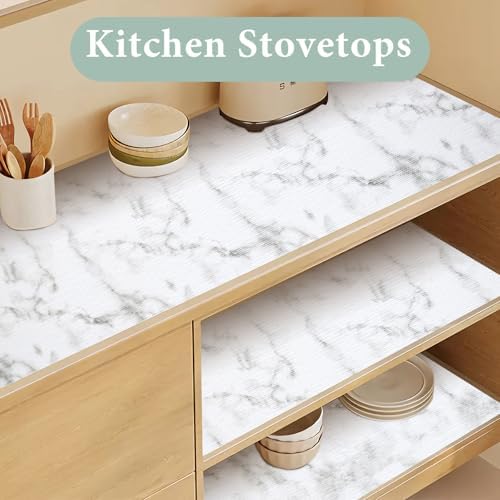 Drawer and Shelf Liner for Kitchen Cabinet: 23.6 in X 30 Ft Non Slip Waterproof Shelf Paper Non Adhesive Refrigerator Liners White Marble Easy Liners for Bathroom with Knife Tape Measure | Waterproof Shelf Paper Non Adhesive Refrigerator Liners White M...