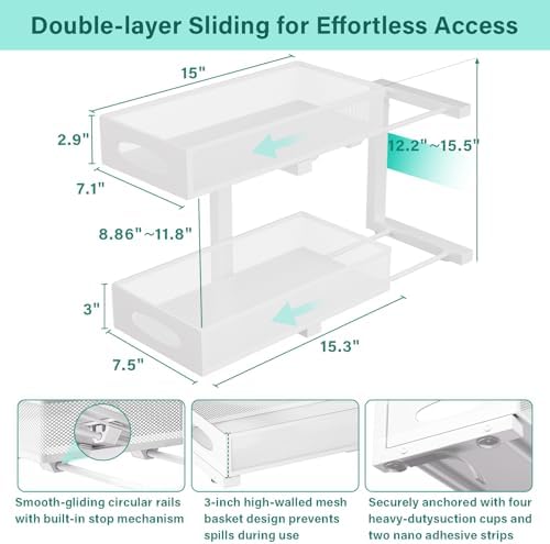 Under Sink Organizer, 2 Pack 2 Tier Metal Slide Out Pull Out Cabinet Organizer Shelf, Height Adjustable Organization and Storage Series, Bathroom/Desktop/Cabinet/Kitchen organization, White