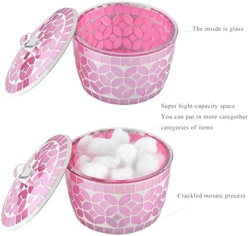 Bathroom Qtip Holder, Pink Floss Pick Dispenser, Canister Jar Qtip Dispenser Holder Mosaic Glass with Lid- for Cotton Swabs,Bath Salts, Hair Band, Cotton Balls and Candy Jar