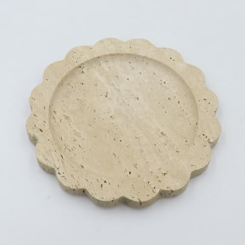 Round Marble Decorative Tray with Scalloped Edge, Luxury Natural Stone Bathroom Vanity Tray, Dresser Top Perfume Coffee Home Kitchen Sink Tray, Key Trinket Ring