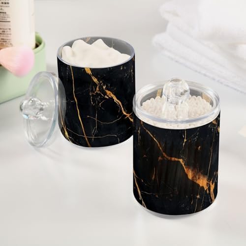 Fustylead 2 Pack Black Gold Marble Abstract Background Texture Plastic Apothecary Jar Set for Cotton Swab, Ball, Pad, Floss, Qtip Holder Dispensers for Bathroom Storage Organizer