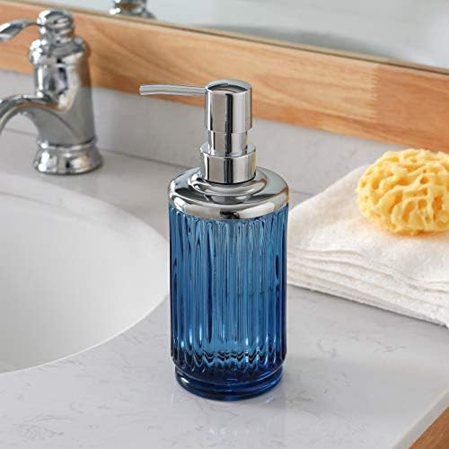 4PCs Heavy Weight Decent Blue Glass Bathroom Accessories Set with Decorative Pressed Pattern - Includes Hand Soap Dispenser & Tumbler & Soap Dish & Toothbrush Holder (Cobalt Blue)