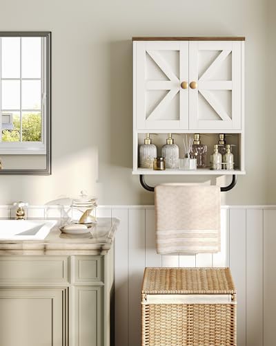 CHOEZON Bathroom Wall Cabinet, Medicine Cabinet with Open Partition and Towel Bar, Rustic Storage Cabinet with Open and Hidden Storage Space, for Bathroom, Living Room, Kitchen, White and Walnut