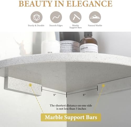 Koville Natural Marble Corner Shower Shelf for Bathroom, 10'' Polished Marble Corner Shelves, Wall Mounted Stone Corner Shower Caddy, No Drilling Adhesive Shelf - White Cliff (No Glue Included)