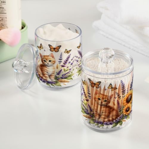 MNSRUU 2 Pack Qtip Holder Organizer Dispenser Cute Ginger Kitten and Flowers Pink Bathroom Storage Canister Cotton Ball Holder Bathroom Containers for Cotton Swabs/Pads/Floss