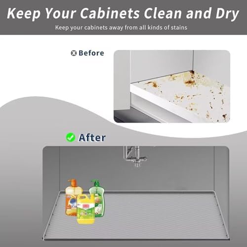 Under Kitchen Sink Mat 25" x 19", SAZTEAY Waterproof Silicone Under Sink Tray, Under Sink Protector Mat for Bathroom and Kitchen Cabinets(Grey)
