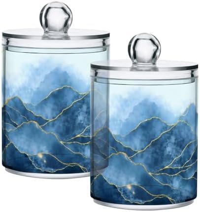 MNSRUU 2 Pack Qtip Holder Organizer Dispenser Blue Watercolor Marble Bathroom Storage Canister Cotton Ball Holder Bathroom Containers for Cotton Swabs/Pads/Floss