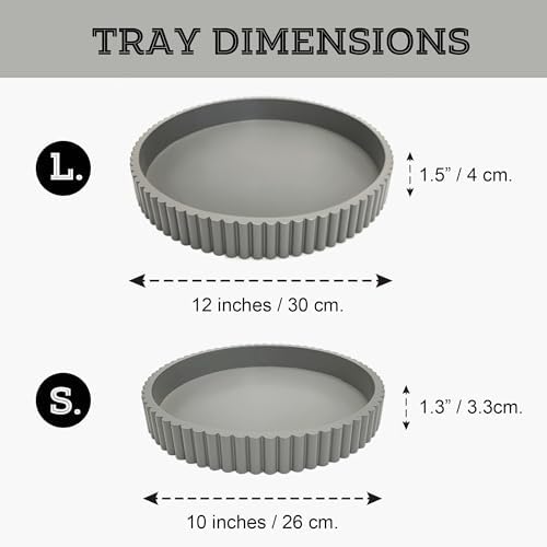 Modern Table Round Decorative Trays 2pcs Home Decor - Circle Coffee Table Centerpiece Set 12"/10" - Wooden Cool Grey Ottoman Tray with Fluted Edge