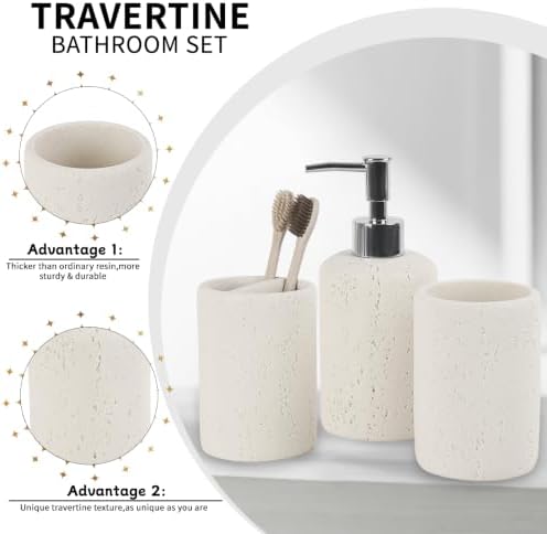 Bathroom Accessories Set,4 Piece Travertine Stone Look Bathroom Accessory Set with Soap Dispenser,Toothbrush Holder,Vanity Tray,Tumbler,Bathroom Organizer for Modern Bathrooms - Off White Cream