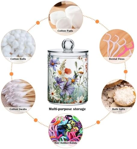 senya Clear Plastic Jars Cotton Swabs Cans, Wildflowers Butterflies Botanical Bathroom Canisters Storage Organizer with Lids 2PCs Set for Cotton Ball, Cotton Swab, flossers, Hair Bands