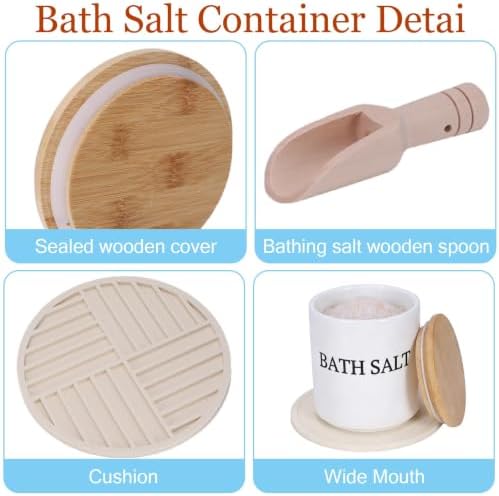 29oz Airtight Ceramic Bath Salt Jar Set - with Wooden Lid, Scoop & Anti-Slip Mat, Opaque Bathroom Storage Organization for Epsom Salt, Spa & Bath Bombs, White-S