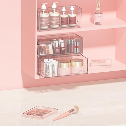 Bathroom Drawer Organizer Stackable Storage Drawers Clear Plastic Storage Bins Medicine Cabinet Organizer Makeup Organizers w Removable Divider Home Workspace Office Desktop Vanity Gift Idea 2Pack