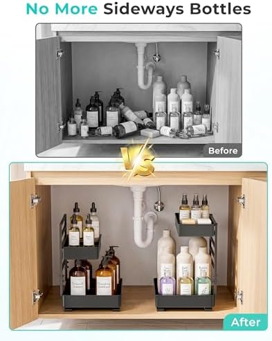 EVERIE Metal Pull Out Slide Shelf Organizer for Under Sink Organization in Kitchen, Bathroom, Counter, Cabinets, Minimum Available Space 13" Wide x 16.5" Deep (Black, 1 Set)