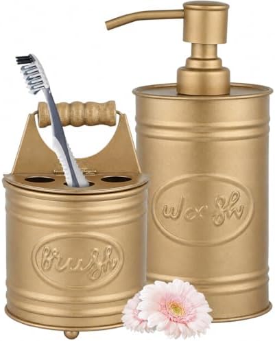 Autumn Alley Kids Bathroom Accessories Set – 2-Piece Antique Gold Soap Dispenser & Toothbrush Holder, Farmhouse Bathroom Countertop Organizer for Kids, Durable Metal Bathroom Set with Wood Handle