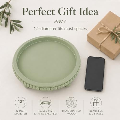 Sage Green Coffee Table Tray, 12" Round Wooden Decorative Tray