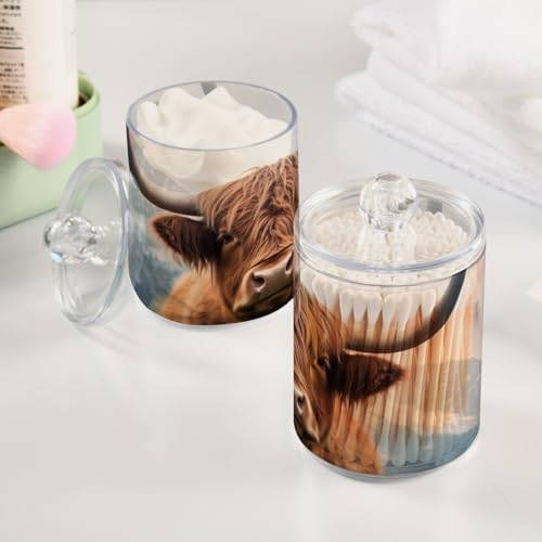 4 Pack Apothecary Jars Bathroom Highland Cow Qtip Holder Dispenser Clear Plastic Storage Canister Jar with Lid for Cotton Ball, Cotton Swab