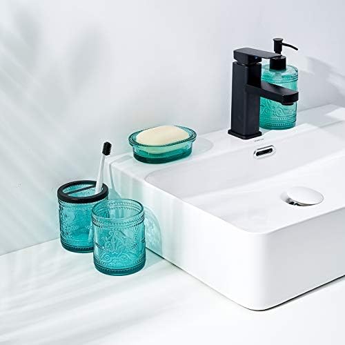 4PCs Teal Blue Glass Bathroom Accessories Set with Decorative Pressed Pattern - Includes Hand Soap Dispenser & Tumbler & Soap Dish & Toothbrush Holder (Bathroom Accessories Blue)