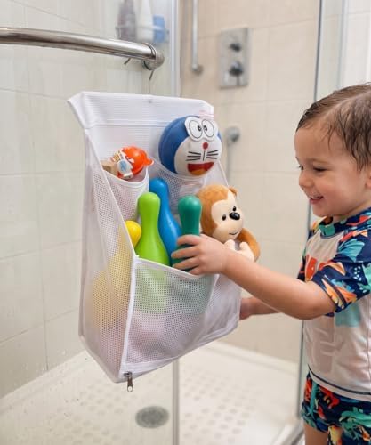 ALYER Hanging Mesh Bath Toy Organizer Bag,Large Shower Storage Caddy with Durable Hanger (White)