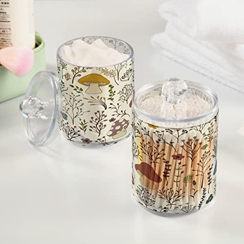 2 Pack Mushroom Qtip Holder Dispenser with Lid 14 oz Clear Plastic Apothecary Jar Set for Bathroom Vanity Organizers Storage Containers