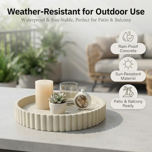 Round Solid Concrete Tray, Fluted Centerpiece for Coffee Table Decor 11"