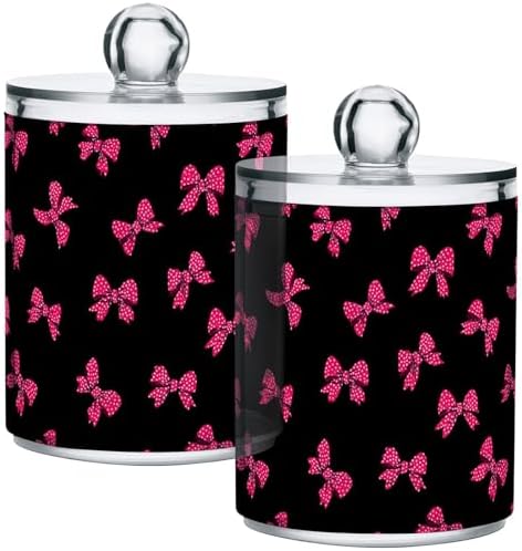 Gredecor 2 Pack Qtip Holder Clear Magenta Bow Polka Dots Apothecary Jars with Lids Acrylic Bathroom Jars Vanity Countertop Canister Storage Organizer for Cotton Ball,Swabs,Pads,Floss