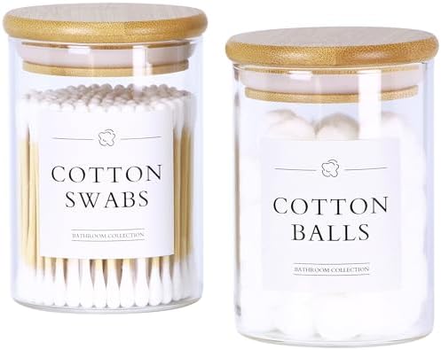 INIUNIK 2 Pack Qtip Holder Dispenser - Glass Apothecary Jars with Lids, Cotton Ball Pad Swab Round Holder, Bamboo Bathroom Accessories, Bathroom Organizers Containers Jars Canisters with Lids