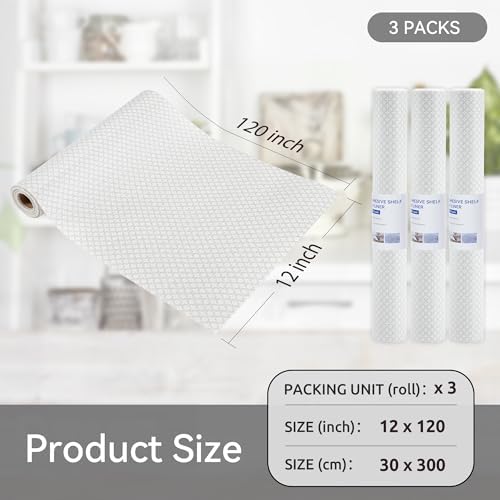 FIFTY FEET 12"x120" Non-Adhesive Shelf Liner for Kitchen Cabinets and Drawers, Washable Non-Slip PVC Cabinet Liner (White Circle)(3 Roll)