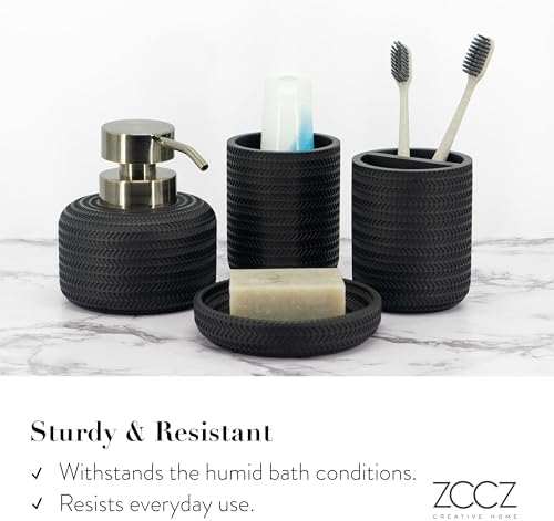 ZCCZ Black Bathroom Accessories Set 4 Pcs - Toothbrush Holder, Soap Dispenser, Vanity Tray, Tumbler - Countertop Organizer for Bathroom - Modern Accessory Set for Home Decor and Storage