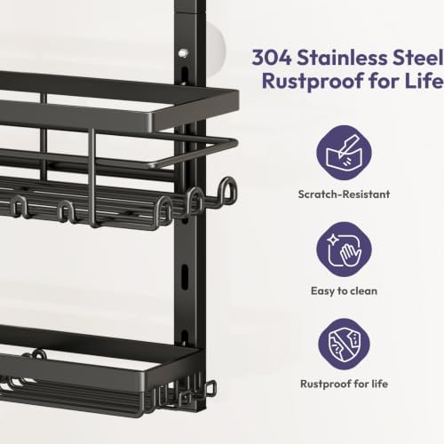 SWTYMIKI Over The Door Shower Caddy - 4 Tier Rustproof Hanging Shower Organizer with Adjustable Shelves, 40 Hooks & Soap Holder, Hanging Shower Rack Storage for Bathroom Accessories, Black