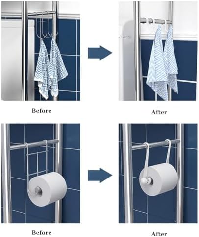 2-Tier Over The Toilet Storage, Freestanding Metal Bathroom Shelves, Above Toilet Storage Rack with Hooks and Paper Holder, Space-Saving, for Bathroom Restroom Laundry, Stainless Steel