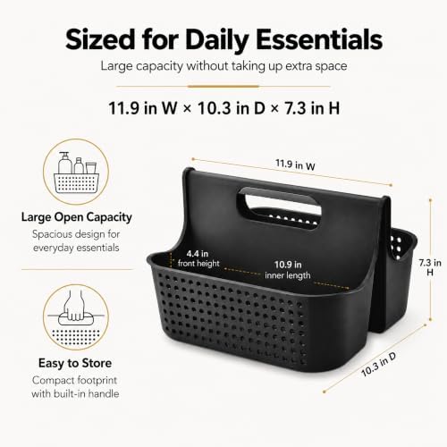 Haundry Portable Shower Caddy Basket, 2 Compartments Plastic Cleaning Caddy Organizer, Large Storage Tote with Handle for Bathroom, College, Dorm Room Essentials, Black