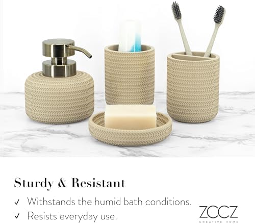 ZCCZ Beige Bathroom Accessories Set 4 Pcs - Toothbrush Holder, Soap Dispenser, Vanity Tray, Tumbler - Countertop Organizer for Bathroom Decor - Stylish and Functional Accessory Set for Home
