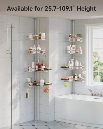 YASONIC Corner Shower Caddy Tension Pole, 25.7-109.1in Adjustable Shower Shelves, Rust-Resistant Shower Organizer, No-Drill 3-Step Installation, Bathroom Shelves for Renters & Family, Silver