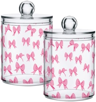 ALAZA Cute Bow White 4 Pack Qtip Holder Dispenser for Cotton Swabs, Balls, Pads, Floss 10 oz Plastic Canister Organizer