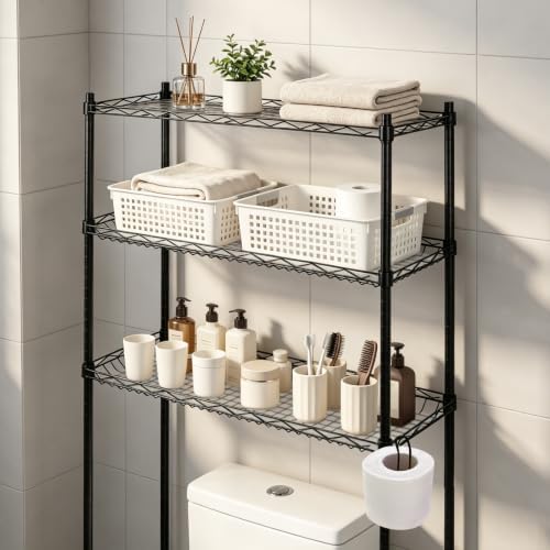 Over The Toilet Storage Shelf, 3-Tier Adjustable Bathroom Organizer with Toilet Paper Holder & Hooks, Metal Space Saver Rack Above Toilet for Bathroom, Kitchen, Black (3-Tier Black)