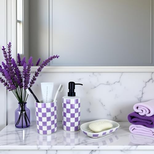 Bathroom Toothbrush Holder Set, Ceramic Soap Dispenser and Tooth Brush Holder& Soap Dish Set 3Pcs, Bathroom Accessories Sets Countertop, Purple Lavender Checkered Bathroom Decor