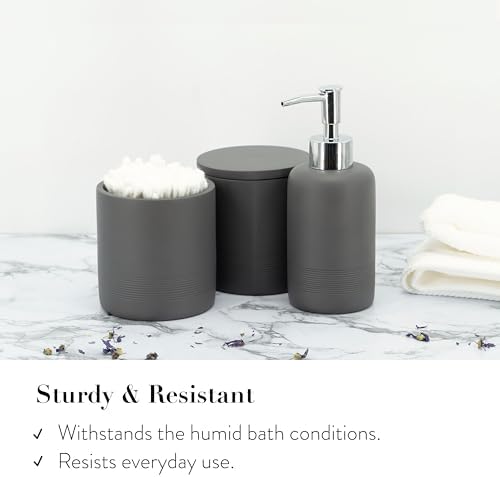 ZCCZ Gray Bathroom Accessories Set 6 Pieces - Toothbrush Holder, Lotion Dispenser, Qtip Container, Vanity Tray, Tumbler - Countertop Organizer for Bathrooms - Elegant and Functional Décor Set