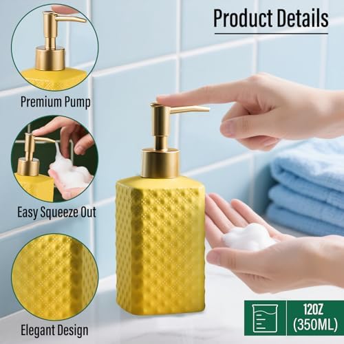 Jessie Bathroom Accessories Set, 3 or 4-Piece Ceramic Bathroom Accessory Set,Soap Dispenser,Toothbrush Holders Set,Tumbler,Soap Dish Embossed Matte Bathroom for Modern Bathrooms (Yellow 3-Piece Suit)