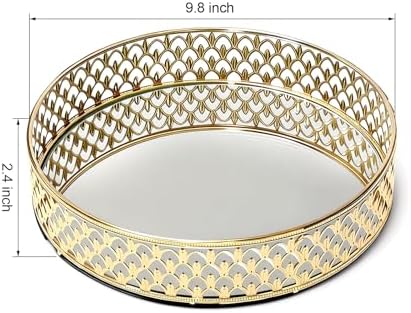 10 Inch Glass and Gold Round Tray Set of 2，Dinner Plate Perfume and Vanity Tray Decorative Mirrored Vanity Tray with Gold Metal Cutout Design, Jewelry (10 Inch Round Set of 2)