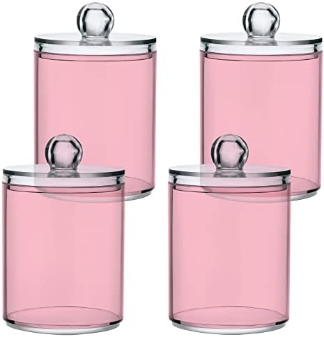 SHJI Pink Qtip Holder Organizer Dispenser Cotton Swabs Cans Plastic Jars with Lid Set 2 Pack Bathroom Storage Canister for Cotton Ball Floss Cotton Pads