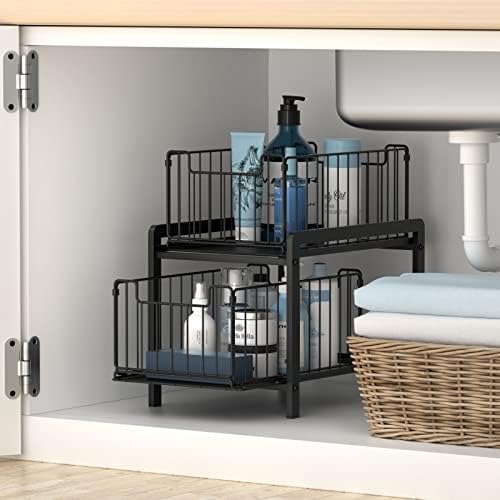 NPPLUS 2 Tier Black Under Sink Organzier With Sliding Drawer
