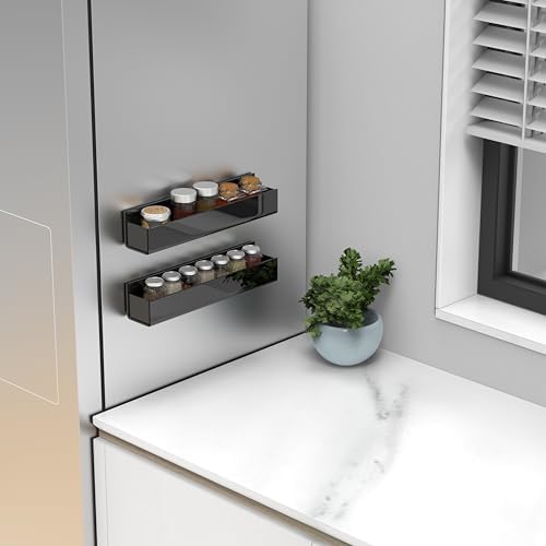 VAEHOLD 4 PACK Adhesive Acrylic Spice Rack with Nano Double Sided Tape Wall Mount Organizer (Black)