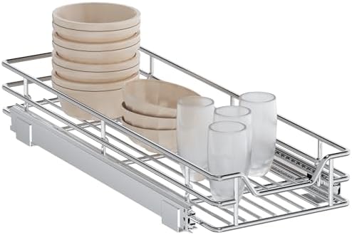 Pull Out Cabinet Organizer, 9" W x 21.5" D, Heavy Duty Chrome Slide Out Shelf for Narrow Base Cabinets, Sliding Wire Basket Drawer for Spices, Bottles, Snacks & Cleaning Supplies